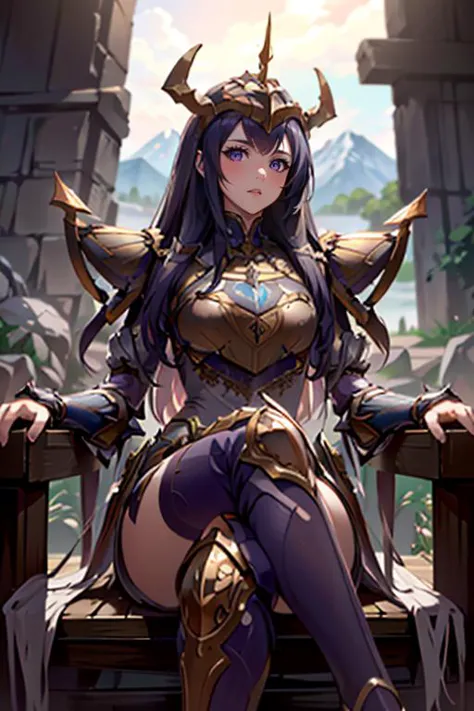 <lora:HXarmour_030:0.8>,mountain,Crossed legs,, hxarmour,1girl,(purple armour:1.3),, ultra-detailed,extremely delicate and beautiful,(by exquisite colors block),masterpiece,best quality,unreal engine 5 rendering,movie light,movie lens,movie special effects,detailed details,HDR,UHD,8K,CG wallpaper,