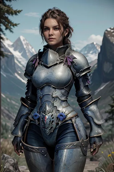 a close up of a woman in armor standing in a field