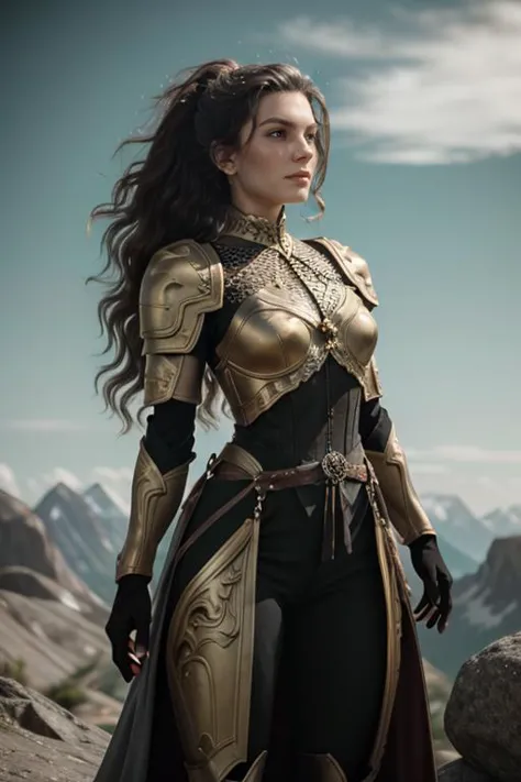 a woman in armor standing on a rock with mountains in the background