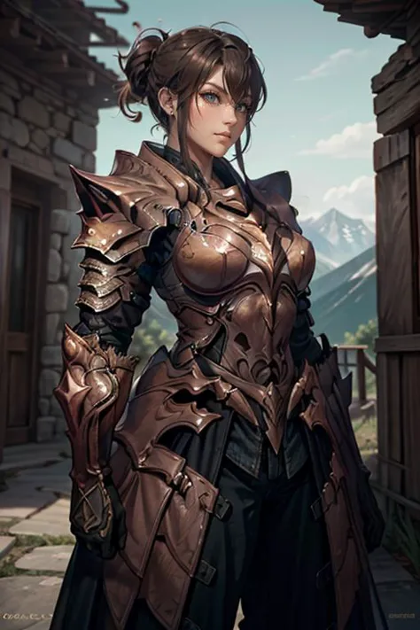 MOUNTAIN,fashion modeling pose,, hxarmour,1girl,(dark brown armour:1.3),, ultra-detailed,extremely delicate and beautiful,(by exquisite colors block),masterpiece,best quality,unreal engine 5 rendering,movie light,movie lens,movie special effects,detailed details,HDR,UHD,8K,CG wallpaper,