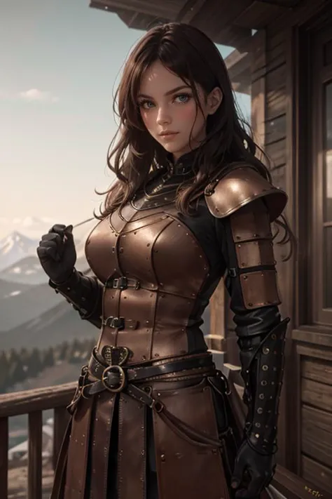 a woman in armor standing on a balcony with a mountain view