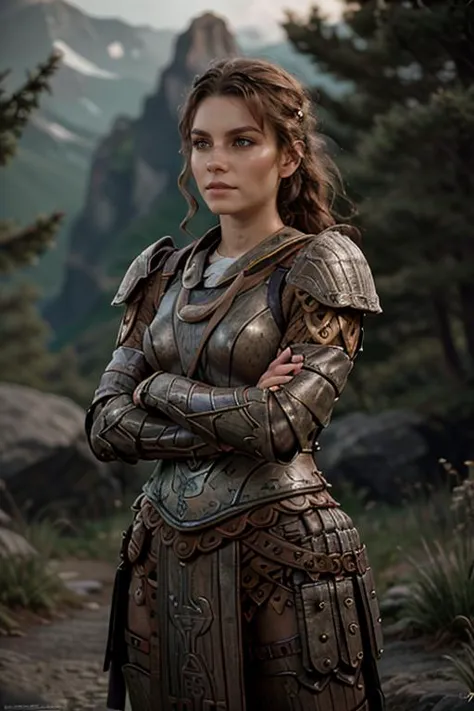 a woman in armor standing in a forest with mountains in the background