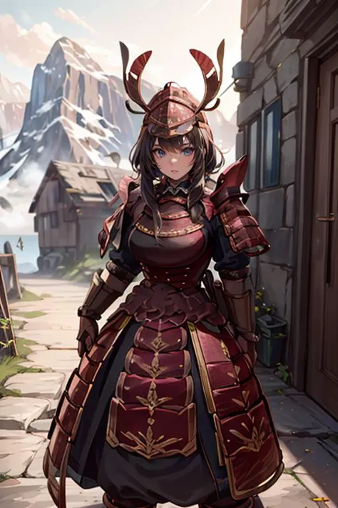 a woman in armor standing in front of a building