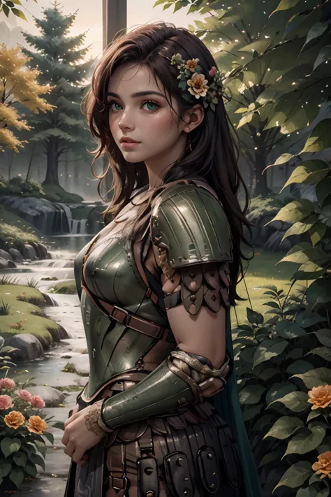 a woman in armor standing in front of a waterfall