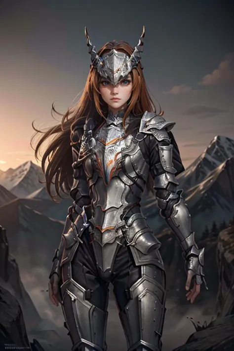 <lora:HXarmour_026:0.8>,mountain,Hands above the head,, hxarmour,1girl,(dark orange armour:1.3),, ultra-detailed,extremely delic...
