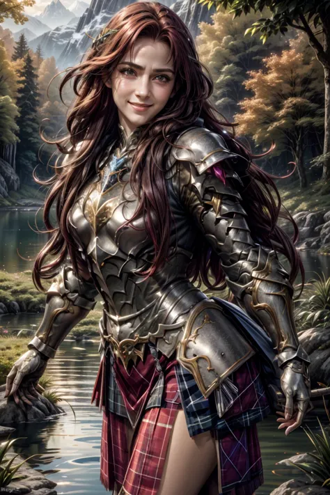 a woman in armor standing next to a river