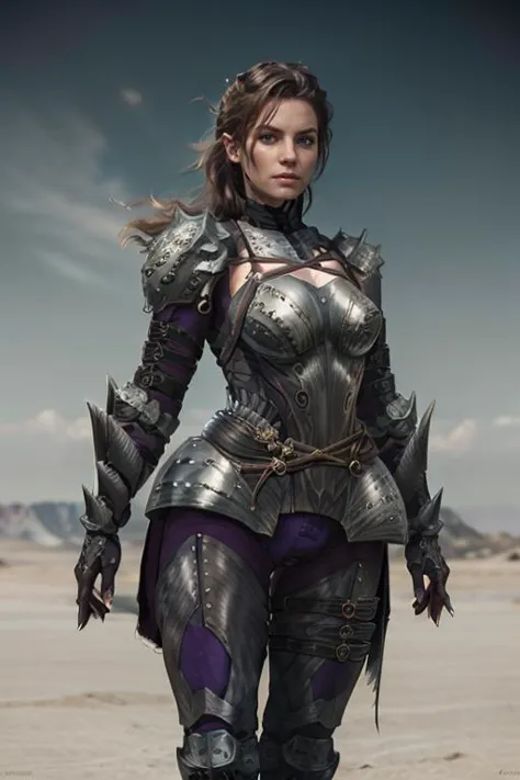 a woman in armor walking across a desert area