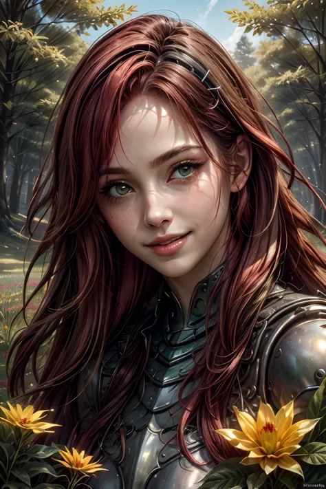 a woman with red hair and armor standing in a field of flowers