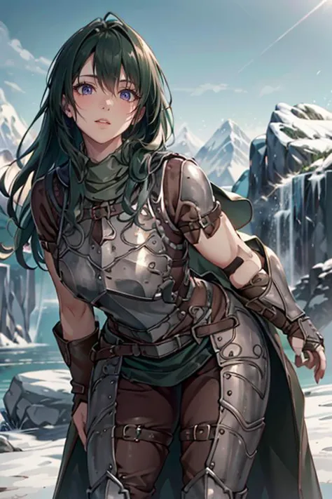 a woman in armor standing in front of a mountain