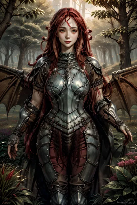 a woman in armor standing in a forest with a dragon