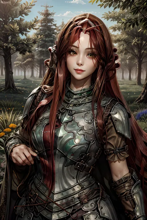 (beautiful battle mage girl:1.8),((small green dragon:1.6)) afternoon in a fantasy ultra realistic highly extremely detailed enchanted ((colorful meadow:1.8)) with (highly realistic very detailed colorful trees, plants and glowing flowers:1.8),((glowing colorful butterflies:0.8)),(crystal clear reflective lake:1.6) (detailed green armor:1.8) (((masterpiece))), (((best quality))), 8k, epiCPhoto OverallDetail HXarmour, looking at viewer, sharp focus, (vivid colors:1.2), ((hyperrealistic:1.3)), ((photorealistic:1.3)), highres, highly detailed, perfect eyes, perfect nose, lips, ultra texture resolution, (highly detailed skin texture:1.4), perfect detailed shiny ((long red hair:2.4)), (delicate smile:1.9), 16 bit colors, ultra sharpness image, (crisp colors:1.4), superrealistic, (realistic skin and lips texture:1.8) (highly realistic eyes texture:1.4) (highly detailed hair texture:1.6) <lora:more_details:0.85> <lora:ReaLora:0.35> keep proportions, fit image, (full body shot:0.8), ((free pose)) <lora:HXarmour_080:0.9> (realistic face texture:1.4)