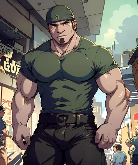 a close up of a cartoon of a man in a green shirt and hat