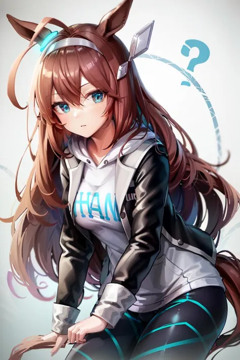 masterpiece, best quality,
mihono bourbon \(umamusume\),
long sleeves, blue leggings, open white jacket, white hoodie, hood down, 
cowboy shot, 
 <lora:mihono_bourbon_lora-000010:0.9>