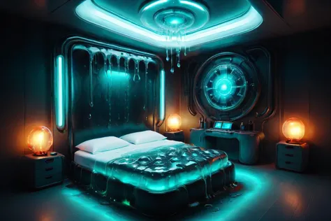 je11y, elaborate futuristic science fiction room, strange future, bright proton pike, wet, dripping, translucent, glowing  <lora...