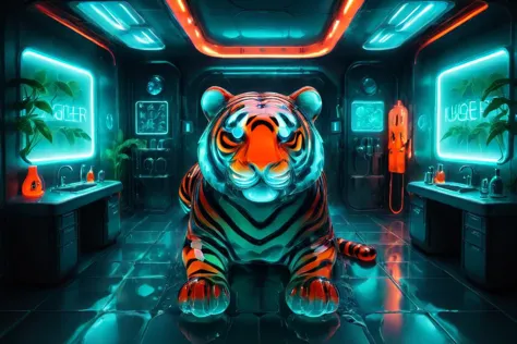 wet translucent tiger, orange and neon color theme, glowing, dripping, elaborate classy science fiction room in the jungle <lora...