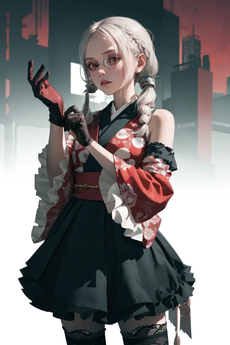 (masterpiece, best quality, intricate details, hyperdetailed, Highly Detailed), scifi, future, cyberpunk, 1girl, solo, cowboy shot, two-tone hair, glove, low twintails, short hair, frills, japanese clothes, hair flower, wide sleeves, kimono, white thighhighs, zettai ryouiki, floral print, skirt, detached sleeves, monocle, adjusting gloves, 