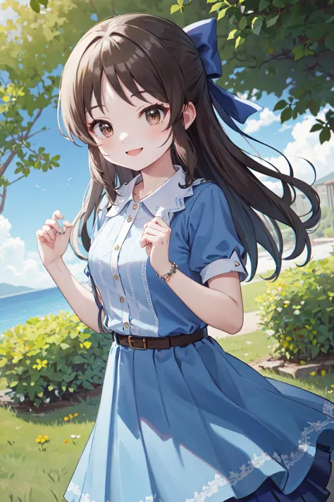 anime girl in blue dress with long hair and a blue bow