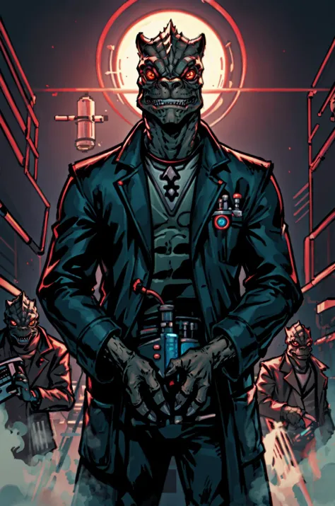 a man in a suit and tie standing in front of a crowd of zombies