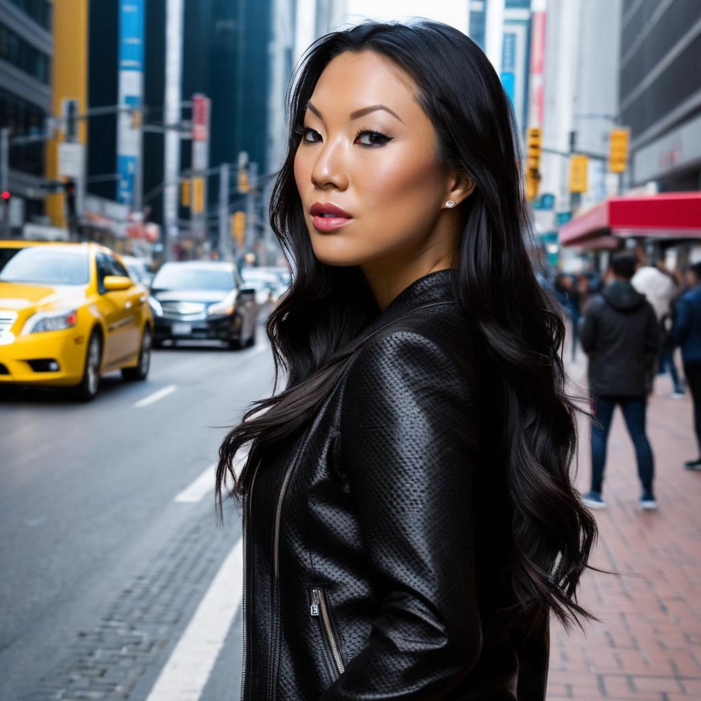 Woman in black leather jacket standing on city street with cars - SeaArt AI