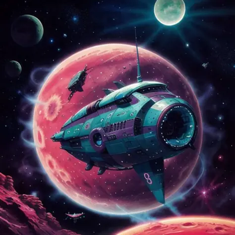 (Cinematic anime screencap,limited palette, :1.3) of (Ultra detailed:1.3), ((organic design)), pink nebula, legs, ((green hull)), flying through space, flying over lunar surface, antenna, (best quality,masterpiece,highly detailed,ultra-detailed, (Analog Style photo:1.2) of a (futuristic spaceship :1.3) , (80s style:1.2), 1980, (retro:1.2), dramatic, <lora:RetroSpaceships:0.8>, spaceship, , ((symmetrical)), , 8k, intricately detailed, volumetric lighting, deep shadows, <lora:theovercomer8sContrastFix_sd15:0.6>, photorealistic, no humans,vehicle focus, unreal engin 5,octane render,(2D:1.2), limited palette flat color, digital painting, artstation, concept art, smooth, sharp focus,, (oil painting:1.16),(acrylic paint:1.16),(dreamlikeart:1.0),(__Hyperrealism:1.3),(__Photorealism:1.3),(Colorful:1.3),((retrofuturism)),(science fiction), by Clarence Holbrook CArter,by Ed Emshwiller,CGSociety,