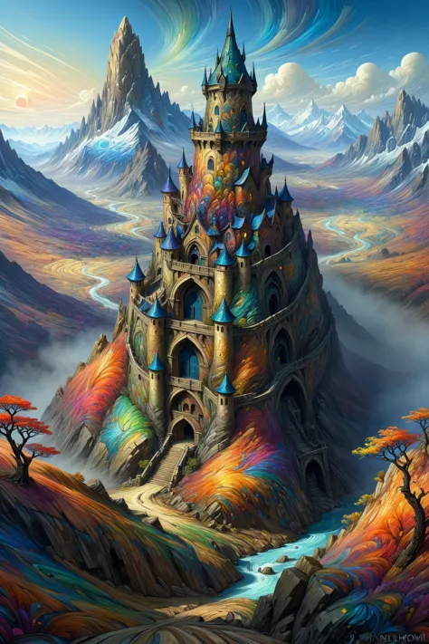 mad-vangoghian landscape, high_fantasy, mountain, mage_tower, crooked_structure, intricate_design, artist:john_howe, artist:hiro_ichi, color_palette:natural_mattes, tower_colorful, vibrant, magical, architecture_elaborate, enchantments, arcane_symbols, mystical_atmosphere, lighting_dramatic  <lora:Colorful_VanGoghian_SDXL:1.2>, (masterpiece:1.2), best quality, (hyperdetailed, highest detailed:1.2), high resolution textures