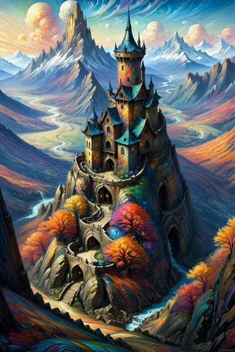 a painting of a castle on a mountain with a river running through it