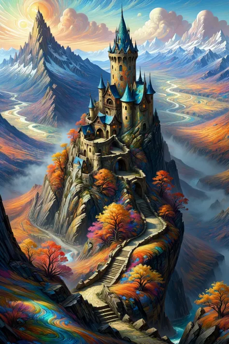 a painting of a castle on a mountain with a river