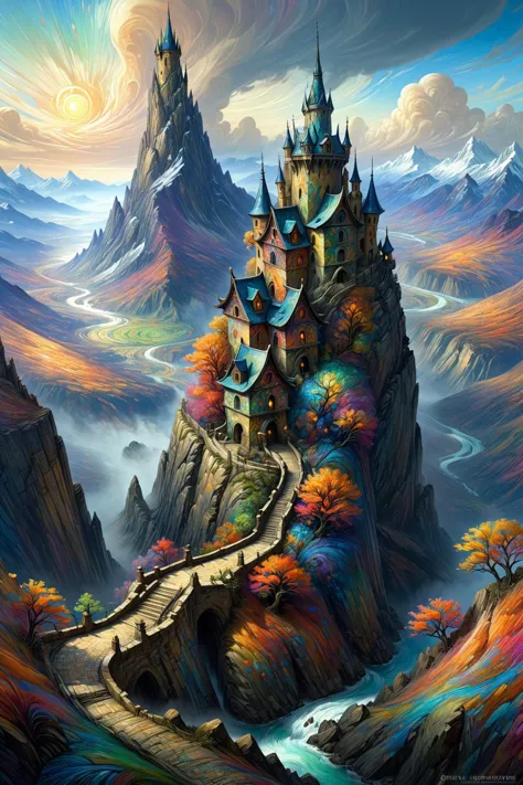 mad-vangoghian landscape, high_fantasy, mountain, mage_tower, crooked_structure, intricate_design, artist:john_howe, artist:hiro_ichi, color_palette:natural_mattes, tower_colorful, vibrant, magical, architecture_elaborate, enchantments, arcane_symbols, mystical_atmosphere, lighting_dramatic  <lora:Colorful_VanGoghian_SDXL:1.2>, (masterpiece:1.2), best quality, (hyperdetailed, highest detailed:1.2), high resolution textures