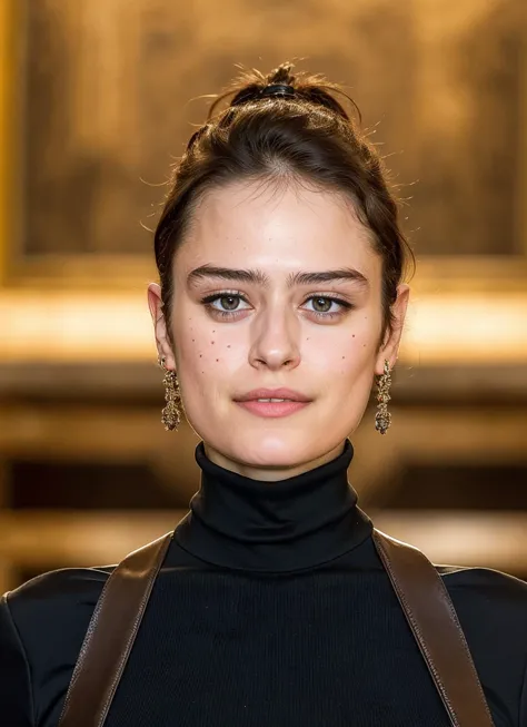 a woman with a black turtle neck top and brown suspenders