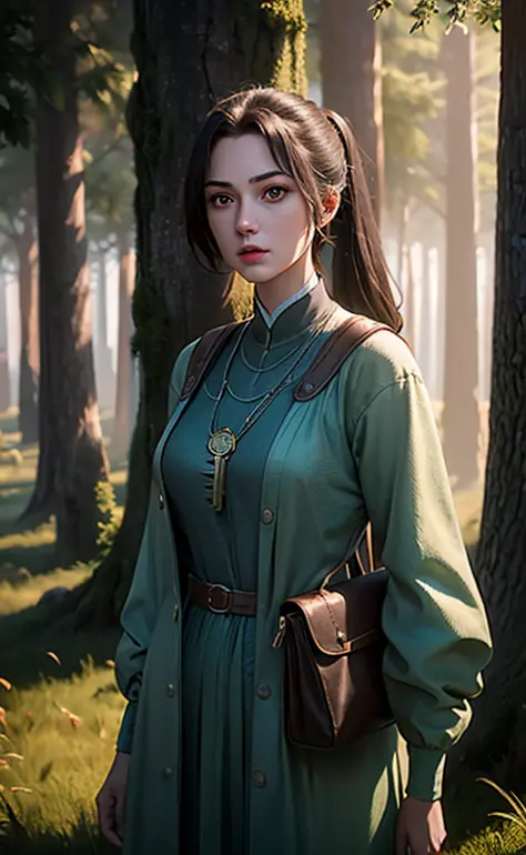 a Hyper realistic image of a 18year old girl wearing a bag holding an Ancient key In a forest, 32k, High Quality, Vibrant colors, global illumination, cinematic Lighting, atmospheric Fog  <lora:aki-000007:0.65>