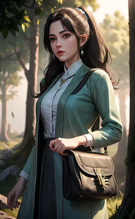 a Hyper realistic image of a 18year old girl wearing a bag holding an Ancient key In a forest, 32k, High Quality, Vibrant colors, global illumination, cinematic Lighting, atmospheric Fog  <lora:aki-000007:0.65>