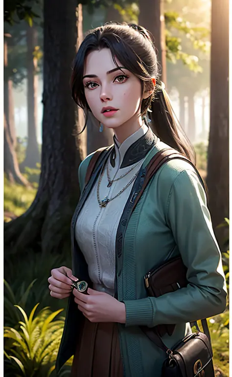 a hyper realistic image of a 18year old girl wearing a bag holding an ancient key in a forest, 32k, high quality, vibrant colors...