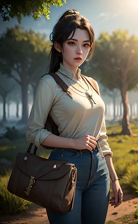 a Hyper realistic image of a 18year old girl wearing a bag holding an Ancient key In a forest, 32k, High Quality, Vibrant colors, global illumination, cinematic Lighting, atmospheric Fog  <lora:aki-000007:0.65>