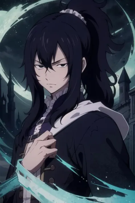 masterpiece, best quality, movie still, 1boy, solo, male focus, looking at viewer, , , , realistic, <lora:mard_geer_fairy_tail:0.72>, mard_geer_fairy_tail, black hair, black eyes, ponytail, , , A dark, foreboding castle where a wicked queen reigns, 32k resolution