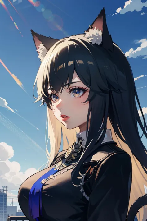 a woman with long hair and a cat ears is standing in front of a city