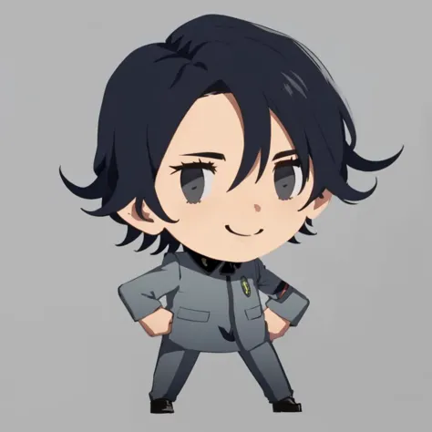 masterpiece, best quality, solo, smile, 1boy, looking at viewer, <lora:style_helltakerchibi:1>,simple background, flat color, no lineart, chibi, <lora:NaoyaV3:1>, Naoya, school uniform, grey pants,