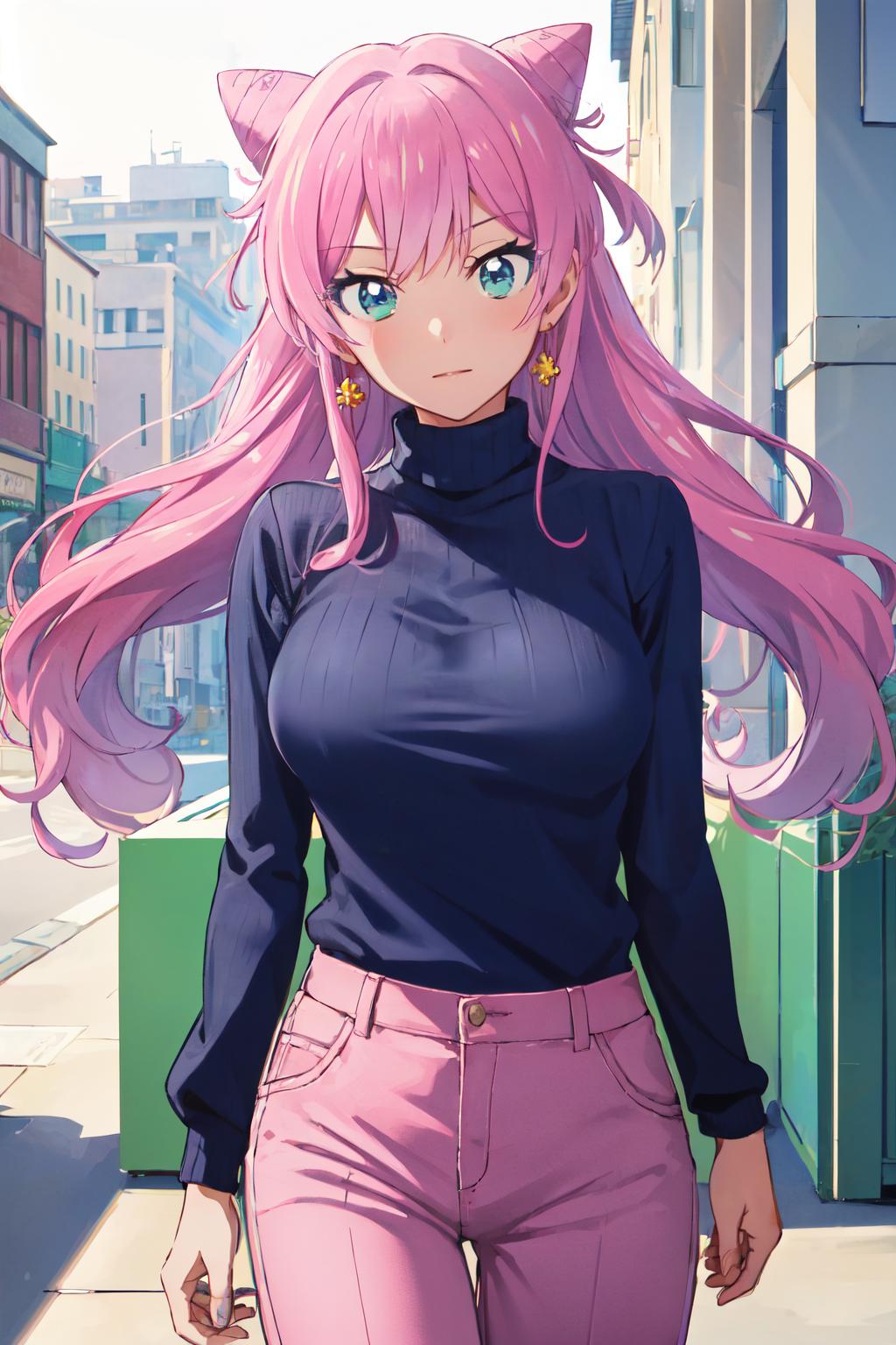 A woman with pink hair and blue eyes walking down a street - SeaArt AI