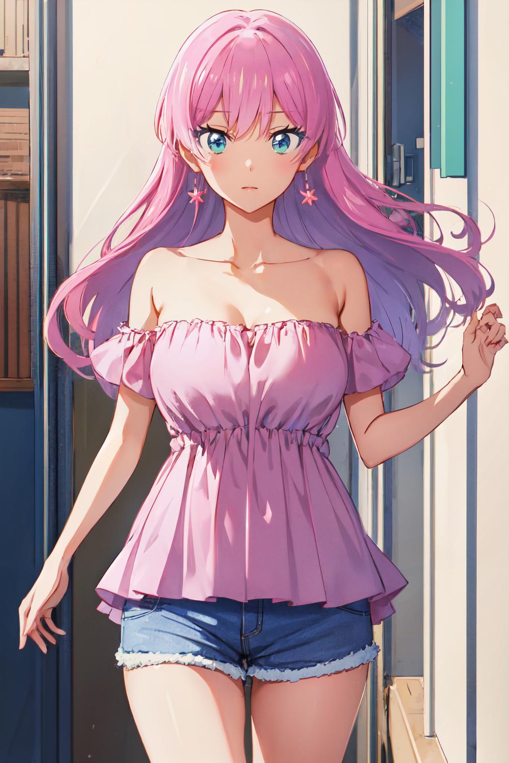 Anime girl with long pink hair and blue jeans standing in a hallway -  SeaArt AI