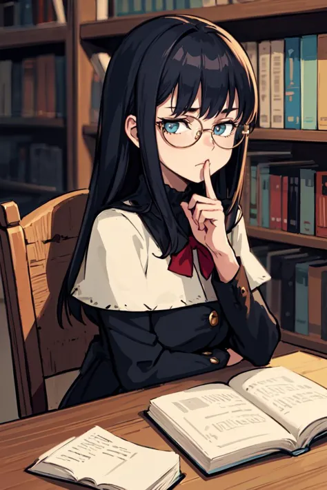 (best quality, ultra detailed), 1girl, solo, looking viewer, library, sitting on a chair at the table and reading a book, upset,...