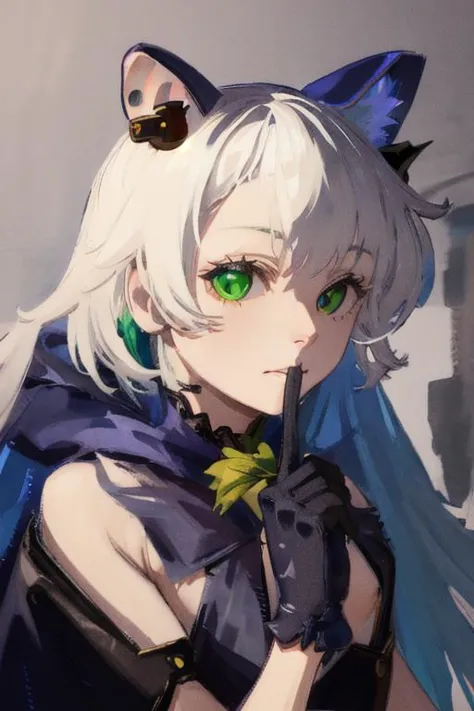 anime girl with white hair and blue eyes holding a gun