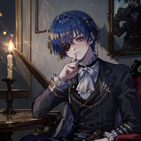  <lora:ciel_phantomhivev2-10:.7>, cielv2, 1boy, solo, eyepatch, half-closed eyes, squinting, serious, menacing, sitting down, cowboy shot, indoors, (dark, soft light:1.3), candlelight, Victorian mansion, depth of view, <lyco:Shushing:1>, shushing, AS-YoungV2