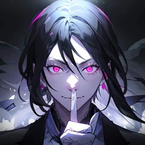 <lyco:Shushing:1>, shushing, <lora:sebastian_michaelis-08:1>, sebastianv1, 1man, black hair, black suit, pink eyes, slit pupils, glowing eyes, squinting, half-closed eyes, (evil smile:0.7), portrait