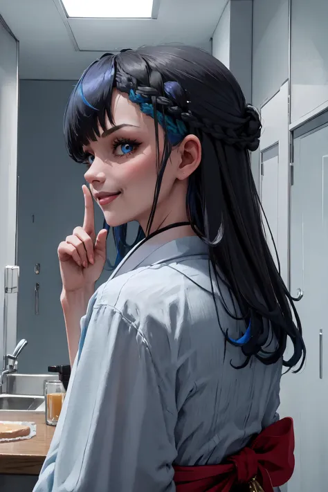 anime girl with blue hair and blue eyes in a kitchen