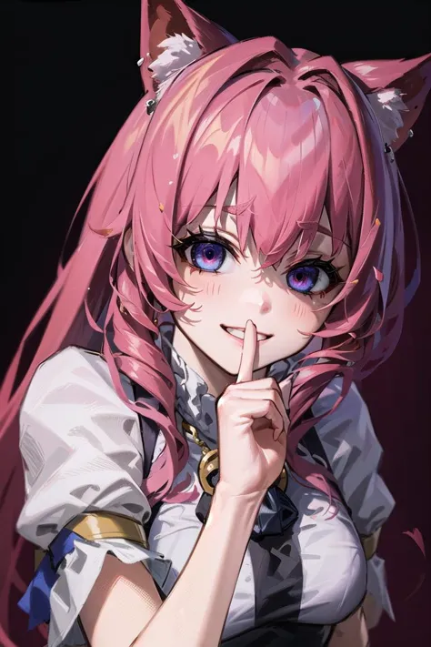 anime girl with pink hair and blue eyes posing for a picture