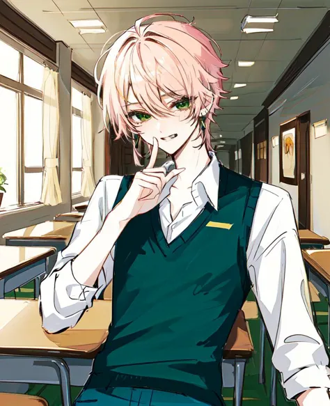 1boy, light pink hair, tsurime, narrowed eyes, pixie cut, hair between eyes, earrings, long sleeves, male focus, solo, green eyes, smile, smug, green sweater vest, pants, sketch by nty, school interior, desk, <lora:SketchStyle:0.7>,  <lora:Tsurime3:1>tsurime, shushing,  <lora:Saya-shushing:1>