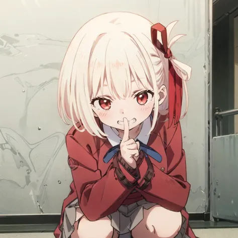 anime girl with white hair and red eyes crouching down