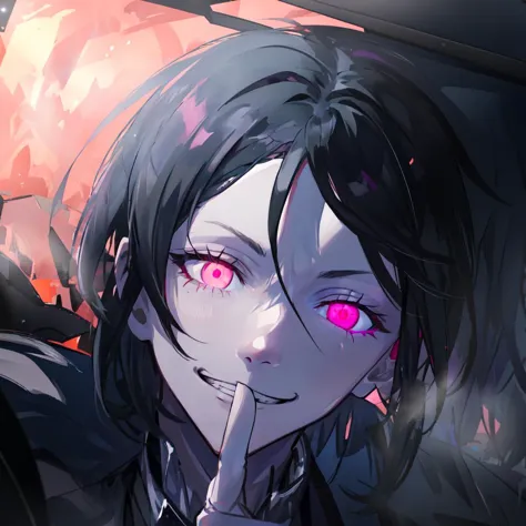 <lyco:Shushing:1>, shushing, <lora:sebastian_michaelis-08:1>, sebastianv1, 1man, black hair, black suit, pink eyes, slit pupils, glowing eyes, squinting, half-closed eyes, grin, evil smile, portrait, outdoors, night, night sky, hard light