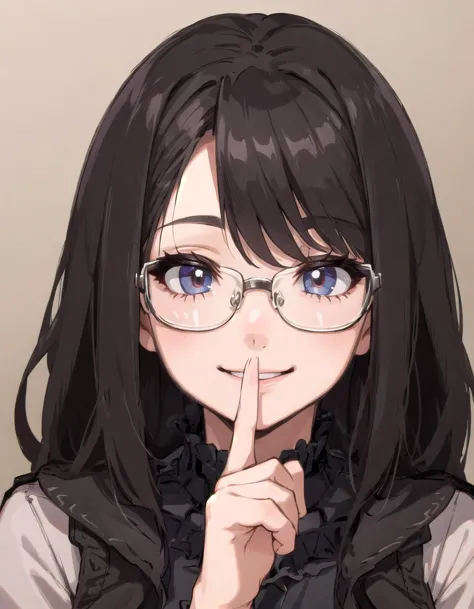 a close up of a person with glasses and a finger on their lips