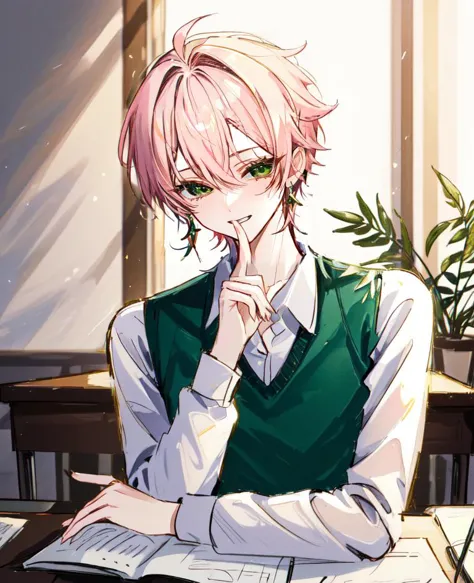 1boy, light pink hair, tsurime, narrowed eyes, pixie cut, hair between eyes, earrings, long sleeves, male focus, solo, green eyes, smile, smug, green sweater vest, pants, sketch by nty, school interior, desk, <lora:SketchStyle:0.7>,  <lora:Tsurime3:1>tsurime, shushing,  <lora:Saya-shushing:1>