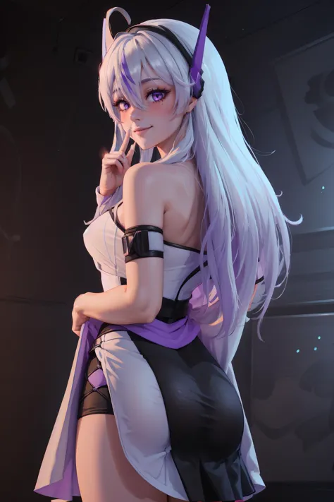 Highly detailed, High Quality, Masterpiece, beautiful, Meina, purple eyes, <lora:Meina:0.85>, headgear, dress, shushing, <lora:Pos_Shushing:1>, skirt lift, seductive smile, blush, from behind